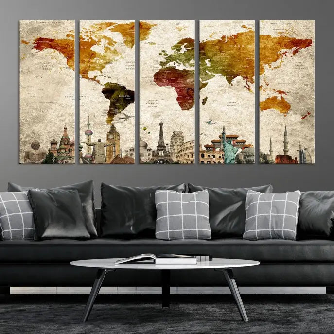 The Wall Art World Map with Wonders of the World Canvas Print Wall Art Painting adorns the space, gracefully showcasing landmarks and adding an artistic touch that blends style and elegance seamlessly.