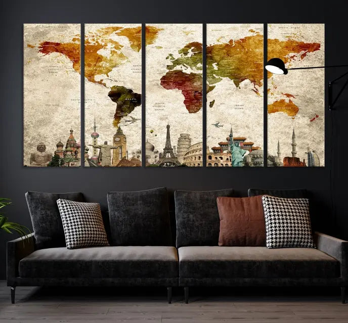 The Wall Art World Map with Wonders of the World Canvas Print Wall Art Painting adorns the space, gracefully showcasing landmarks and adding an artistic touch that blends style and elegance seamlessly.