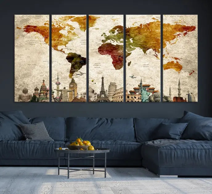 The Wall Art World Map with Wonders of the World Canvas Print Wall Art Painting adorns the space, gracefully showcasing landmarks and adding an artistic touch that blends style and elegance seamlessly.