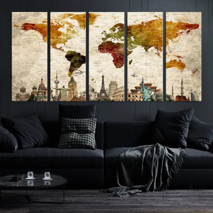 The Wall Art World Map with Wonders of the World Canvas Print Wall Art Painting adorns the space, gracefully showcasing landmarks and adding an artistic touch that blends style and elegance seamlessly.