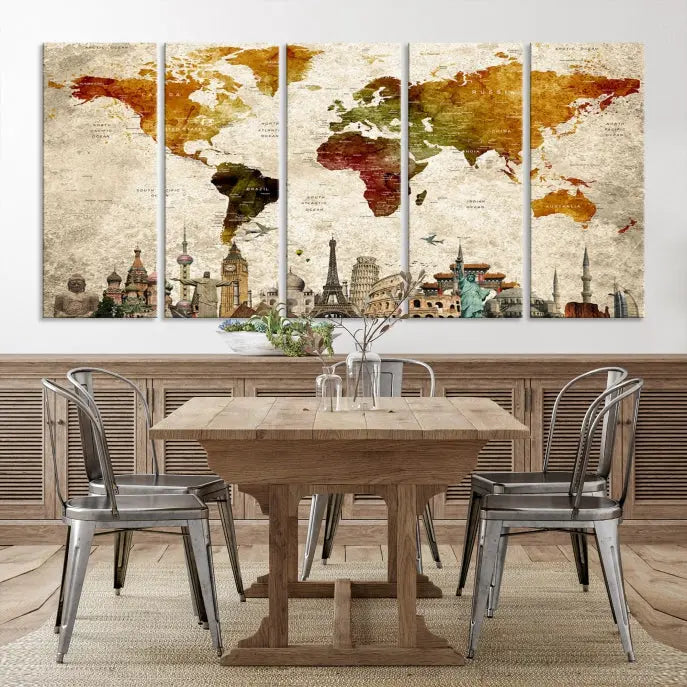 The Wall Art World Map with Wonders of the World Canvas Print Wall Art Painting adorns the space, gracefully showcasing landmarks and adding an artistic touch that blends style and elegance seamlessly.