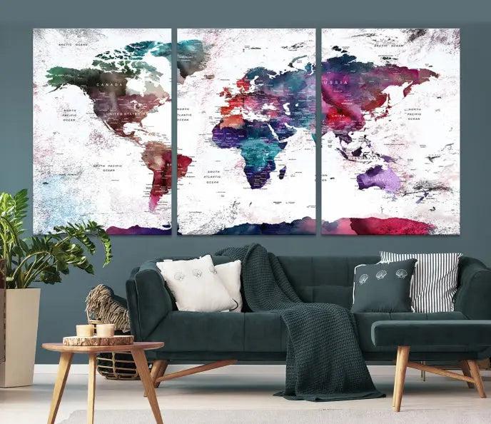 A Wall Art World Travel Map Canvas Print, featuring a vibrant triptych design on museum-quality canvas, hangs prominently. This ready-to-hang piece enhances the room's charm and sophistication.