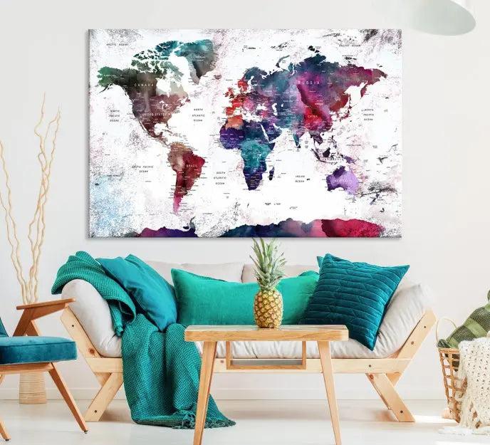 A Wall Art World Travel Map Canvas Print, featuring a vibrant triptych design on museum-quality canvas, hangs prominently. This ready-to-hang piece enhances the room's charm and sophistication.