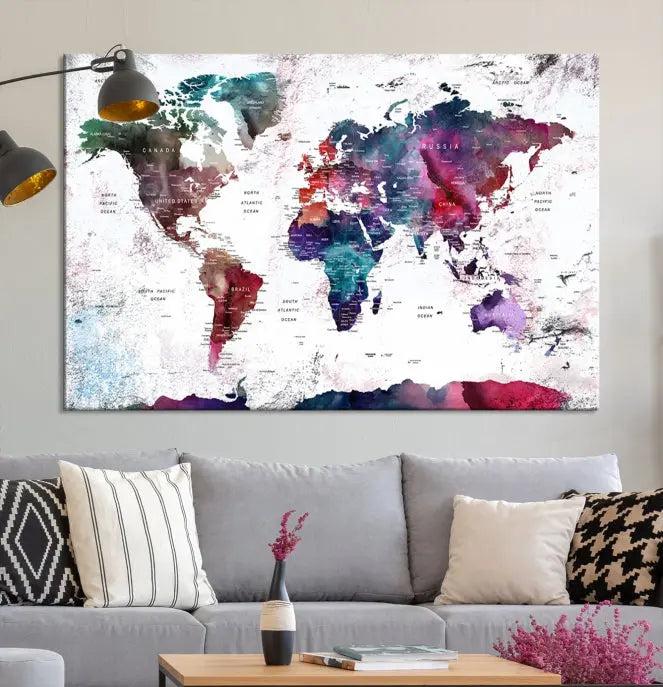 A Wall Art World Travel Map Canvas Print, featuring a vibrant triptych design on museum-quality canvas, hangs prominently. This ready-to-hang piece enhances the room's charm and sophistication.