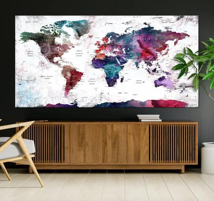 A Wall Art World Travel Map Canvas Print, featuring a vibrant triptych design on museum-quality canvas, hangs prominently. This ready-to-hang piece enhances the room's charm and sophistication.