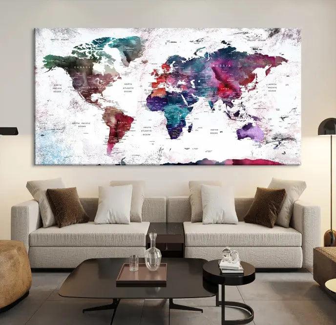 A Wall Art World Travel Map Canvas Print, featuring a vibrant triptych design on museum-quality canvas, hangs prominently. This ready-to-hang piece enhances the room's charm and sophistication.