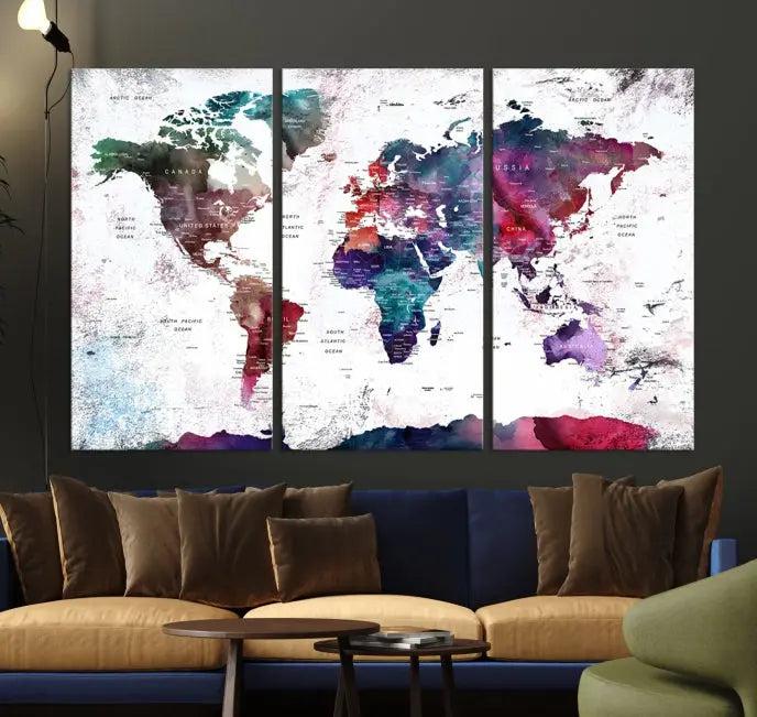 A Wall Art World Travel Map Canvas Print, featuring a vibrant triptych design on museum-quality canvas, hangs prominently. This ready-to-hang piece enhances the room's charm and sophistication.