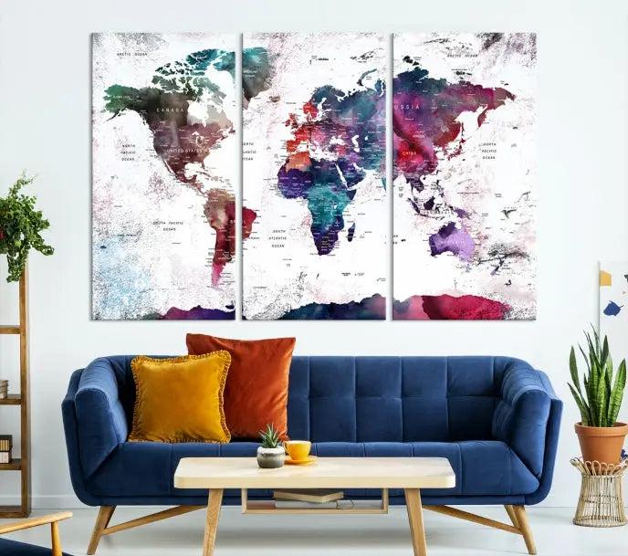 A Wall Art World Travel Map Canvas Print, featuring a vibrant triptych design on museum-quality canvas, hangs prominently. This ready-to-hang piece enhances the room's charm and sophistication.