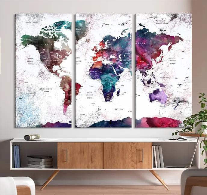 A Wall Art World Travel Map Canvas Print, featuring a vibrant triptych design on museum-quality canvas, hangs prominently. This ready-to-hang piece enhances the room's charm and sophistication.