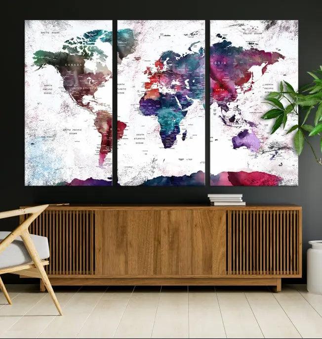 A Wall Art World Travel Map Canvas Print, featuring a vibrant triptych design on museum-quality canvas, hangs prominently. This ready-to-hang piece enhances the room's charm and sophistication.