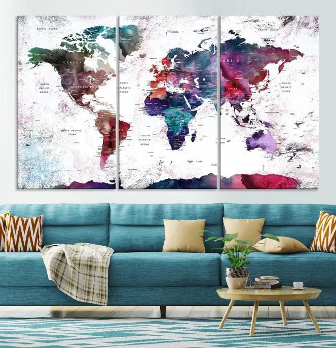 A Wall Art World Travel Map Canvas Print, featuring a vibrant triptych design on museum-quality canvas, hangs prominently. This ready-to-hang piece enhances the room's charm and sophistication.