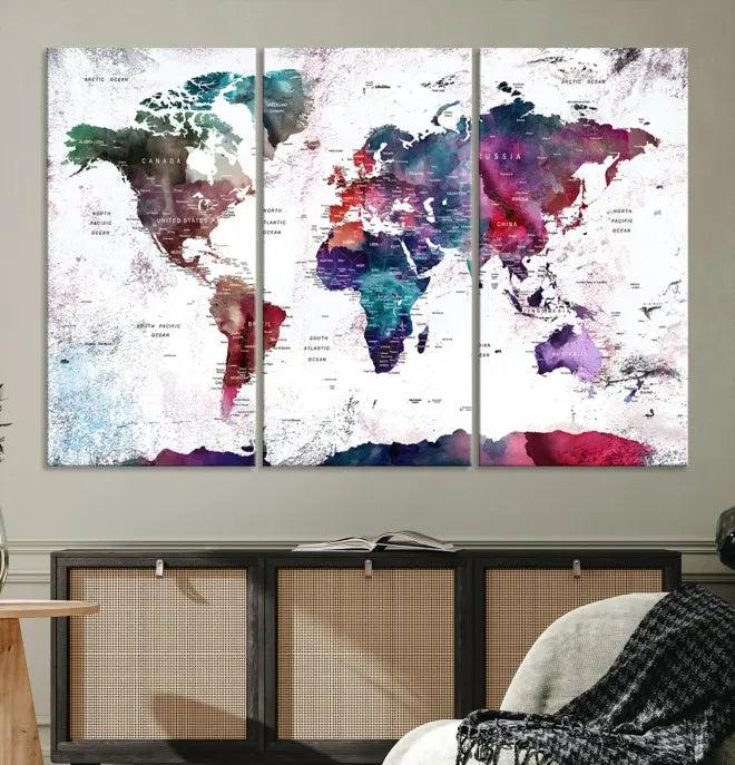 A Wall Art World Travel Map Canvas Print, featuring a vibrant triptych design on museum-quality canvas, hangs prominently. This ready-to-hang piece enhances the room's charm and sophistication.