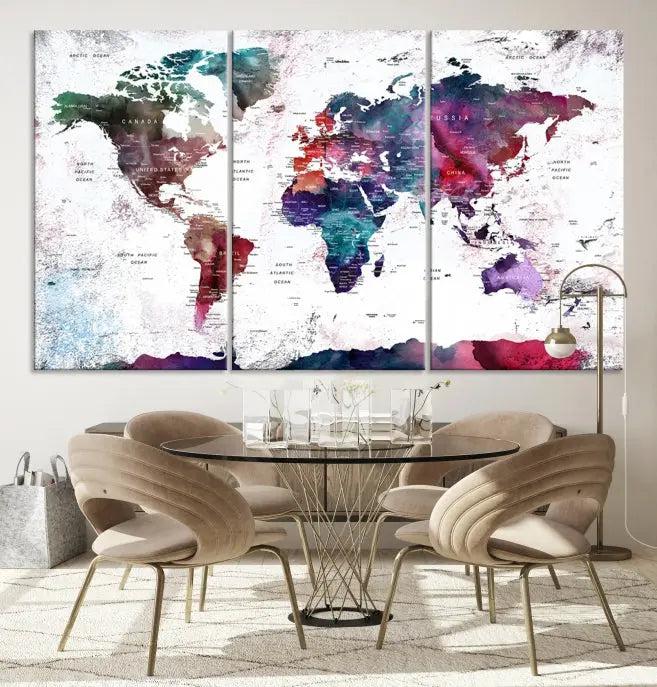 A Wall Art World Travel Map Canvas Print, featuring a vibrant triptych design on museum-quality canvas, hangs prominently. This ready-to-hang piece enhances the room's charm and sophistication.