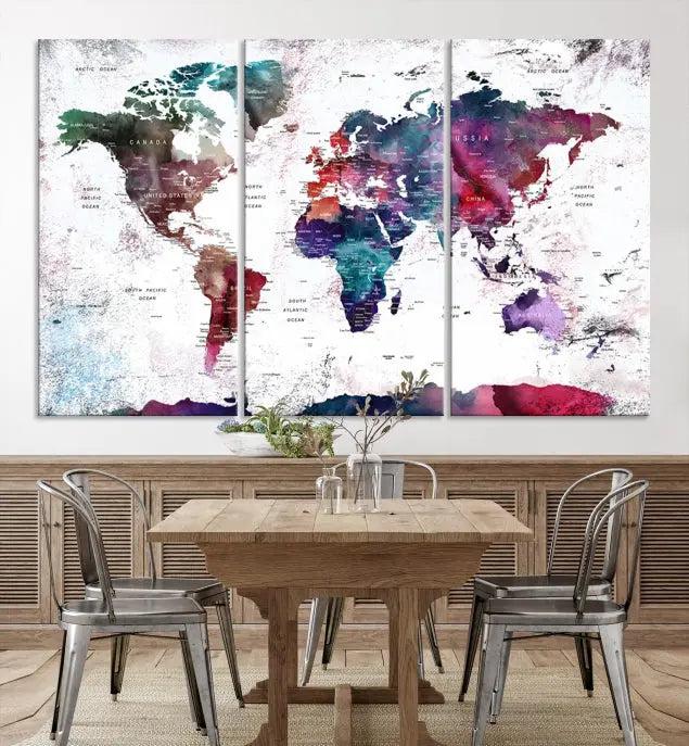 A Wall Art World Travel Map Canvas Print, featuring a vibrant triptych design on museum-quality canvas, hangs prominently. This ready-to-hang piece enhances the room's charm and sophistication.