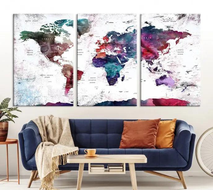 A Wall Art World Travel Map Canvas Print, featuring a vibrant triptych design on museum-quality canvas, hangs prominently. This ready-to-hang piece enhances the room's charm and sophistication.