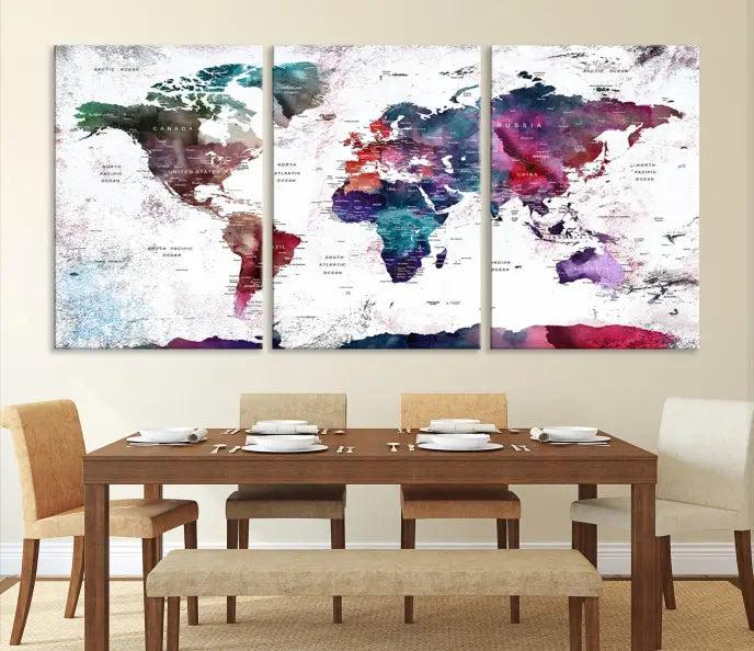 A Wall Art World Travel Map Canvas Print, featuring a vibrant triptych design on museum-quality canvas, hangs prominently. This ready-to-hang piece enhances the room's charm and sophistication.