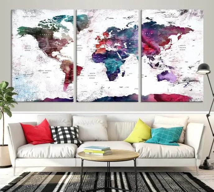 A Wall Art World Travel Map Canvas Print, featuring a vibrant triptych design on museum-quality canvas, hangs prominently. This ready-to-hang piece enhances the room's charm and sophistication.