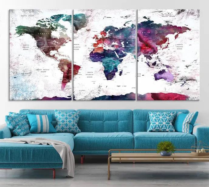 A Wall Art World Travel Map Canvas Print, featuring a vibrant triptych design on museum-quality canvas, hangs prominently. This ready-to-hang piece enhances the room's charm and sophistication.