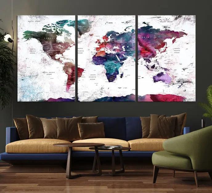 A Wall Art World Travel Map Canvas Print, featuring a vibrant triptych design on museum-quality canvas, hangs prominently. This ready-to-hang piece enhances the room's charm and sophistication.