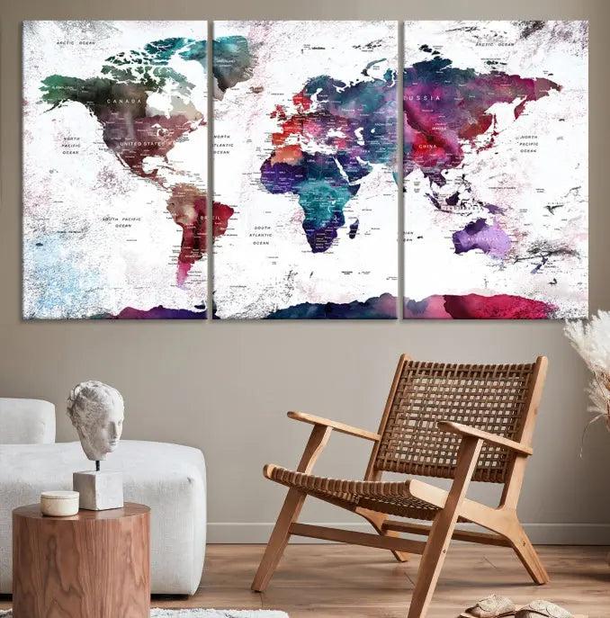 A Wall Art World Travel Map Canvas Print, featuring a vibrant triptych design on museum-quality canvas, hangs prominently. This ready-to-hang piece enhances the room's charm and sophistication.