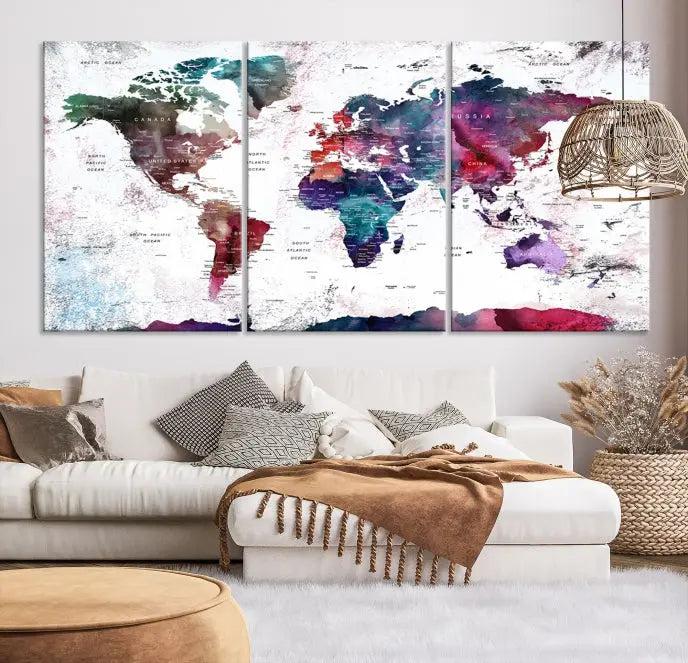 A Wall Art World Travel Map Canvas Print, featuring a vibrant triptych design on museum-quality canvas, hangs prominently. This ready-to-hang piece enhances the room's charm and sophistication.