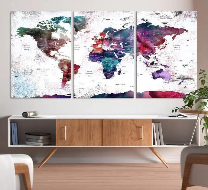 A Wall Art World Travel Map Canvas Print, featuring a vibrant triptych design on museum-quality canvas, hangs prominently. This ready-to-hang piece enhances the room's charm and sophistication.