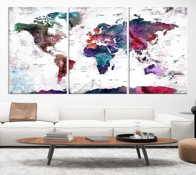 A Wall Art World Travel Map Canvas Print, featuring a vibrant triptych design on museum-quality canvas, hangs prominently. This ready-to-hang piece enhances the room's charm and sophistication.