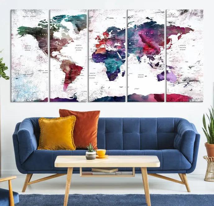 A Wall Art World Travel Map Canvas Print, featuring a vibrant triptych design on museum-quality canvas, hangs prominently. This ready-to-hang piece enhances the room's charm and sophistication.