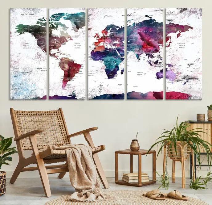 A Wall Art World Travel Map Canvas Print, featuring a vibrant triptych design on museum-quality canvas, hangs prominently. This ready-to-hang piece enhances the room's charm and sophistication.