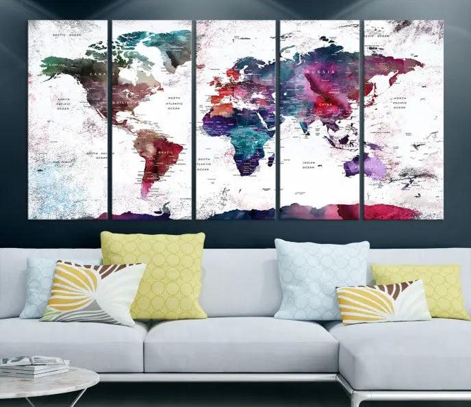 A Wall Art World Travel Map Canvas Print, featuring a vibrant triptych design on museum-quality canvas, hangs prominently. This ready-to-hang piece enhances the room's charm and sophistication.