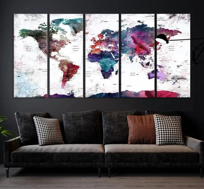 A Wall Art World Travel Map Canvas Print, featuring a vibrant triptych design on museum-quality canvas, hangs prominently. This ready-to-hang piece enhances the room's charm and sophistication.