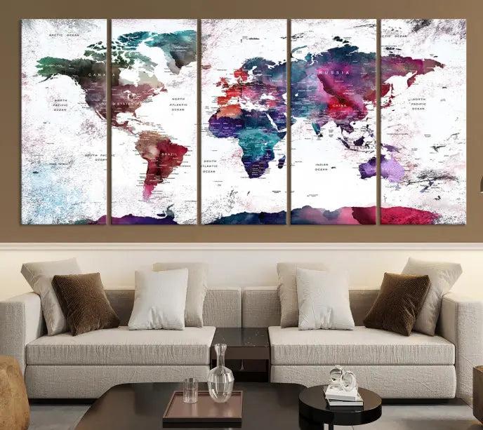 A Wall Art World Travel Map Canvas Print, featuring a vibrant triptych design on museum-quality canvas, hangs prominently. This ready-to-hang piece enhances the room's charm and sophistication.