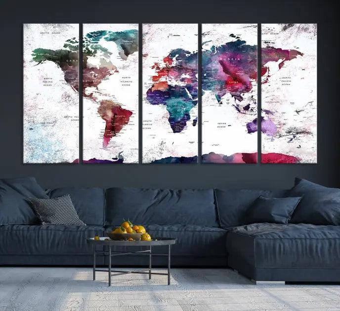 A Wall Art World Travel Map Canvas Print, featuring a vibrant triptych design on museum-quality canvas, hangs prominently. This ready-to-hang piece enhances the room's charm and sophistication.