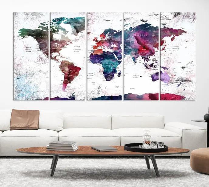 A Wall Art World Travel Map Canvas Print, featuring a vibrant triptych design on museum-quality canvas, hangs prominently. This ready-to-hang piece enhances the room's charm and sophistication.