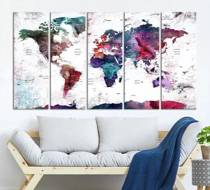 A Wall Art World Travel Map Canvas Print, featuring a vibrant triptych design on museum-quality canvas, hangs prominently. This ready-to-hang piece enhances the room's charm and sophistication.