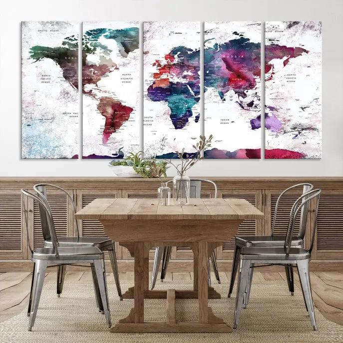 A Wall Art World Travel Map Canvas Print, featuring a vibrant triptych design on museum-quality canvas, hangs prominently. This ready-to-hang piece enhances the room's charm and sophistication.