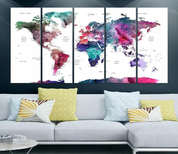 A stunning five-panel Wall Art World Travel Map Canvas Print graces the wall. Designed on museum-quality canvas, it boasts a gallery-wrapped finish and a UV-protective coating to preserve its vivid beauty over time.