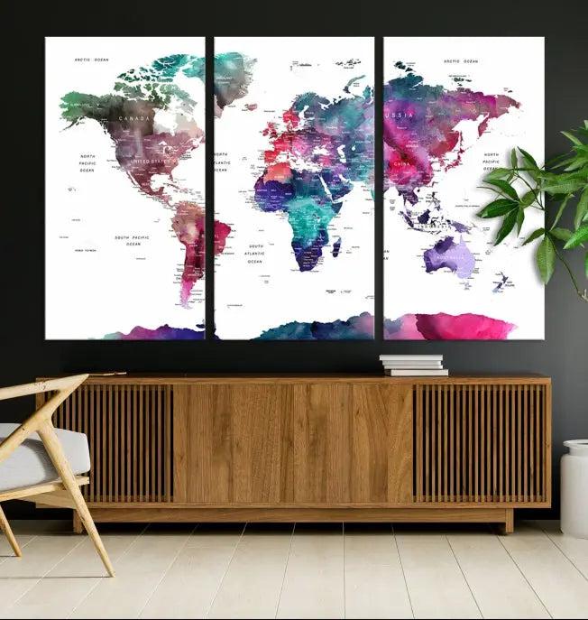 A stunning five-panel Wall Art World Travel Map Canvas Print graces the wall. Designed on museum-quality canvas, it boasts a gallery-wrapped finish and a UV-protective coating to preserve its vivid beauty over time.