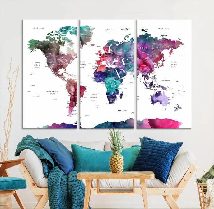 A stunning five-panel Wall Art World Travel Map Canvas Print graces the wall. Designed on museum-quality canvas, it boasts a gallery-wrapped finish and a UV-protective coating to preserve its vivid beauty over time.