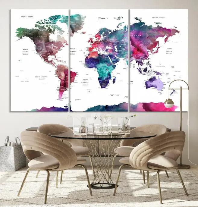 A stunning five-panel Wall Art World Travel Map Canvas Print graces the wall. Designed on museum-quality canvas, it boasts a gallery-wrapped finish and a UV-protective coating to preserve its vivid beauty over time.