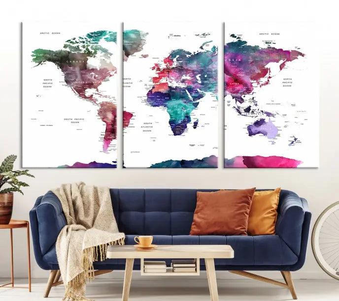 A stunning five-panel Wall Art World Travel Map Canvas Print graces the wall. Designed on museum-quality canvas, it boasts a gallery-wrapped finish and a UV-protective coating to preserve its vivid beauty over time.