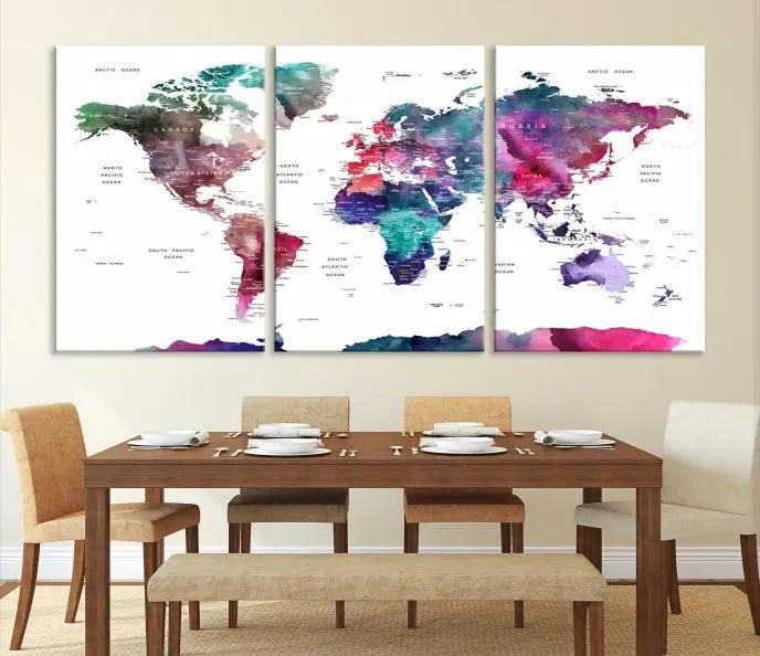 A stunning five-panel Wall Art World Travel Map Canvas Print graces the wall. Designed on museum-quality canvas, it boasts a gallery-wrapped finish and a UV-protective coating to preserve its vivid beauty over time.