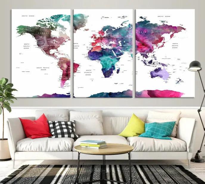 A stunning five-panel Wall Art World Travel Map Canvas Print graces the wall. Designed on museum-quality canvas, it boasts a gallery-wrapped finish and a UV-protective coating to preserve its vivid beauty over time.