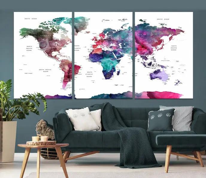 A stunning five-panel Wall Art World Travel Map Canvas Print graces the wall. Designed on museum-quality canvas, it boasts a gallery-wrapped finish and a UV-protective coating to preserve its vivid beauty over time.