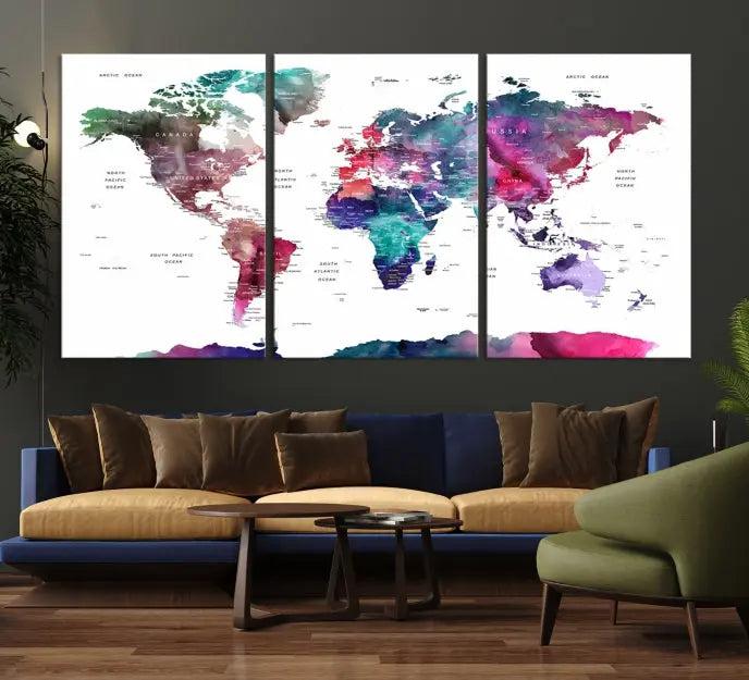 A stunning five-panel Wall Art World Travel Map Canvas Print graces the wall. Designed on museum-quality canvas, it boasts a gallery-wrapped finish and a UV-protective coating to preserve its vivid beauty over time.