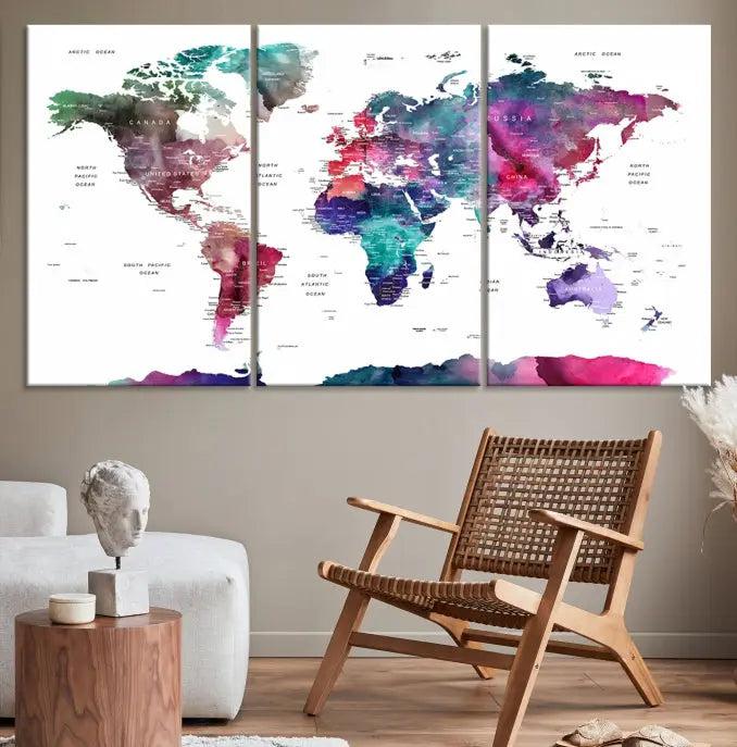 A stunning five-panel Wall Art World Travel Map Canvas Print graces the wall. Designed on museum-quality canvas, it boasts a gallery-wrapped finish and a UV-protective coating to preserve its vivid beauty over time.