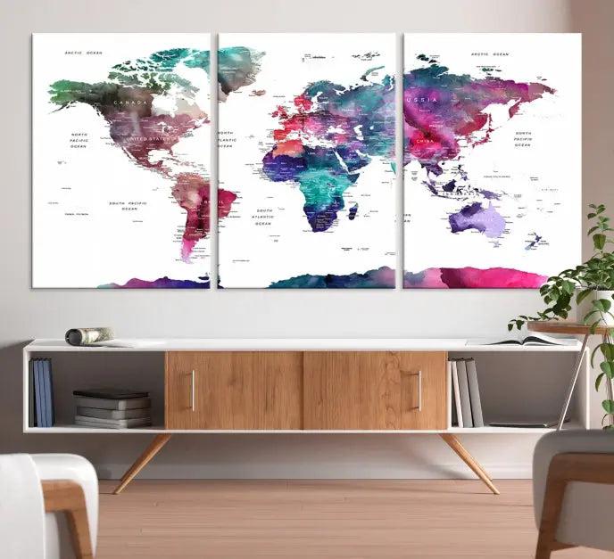 A stunning five-panel Wall Art World Travel Map Canvas Print graces the wall. Designed on museum-quality canvas, it boasts a gallery-wrapped finish and a UV-protective coating to preserve its vivid beauty over time.