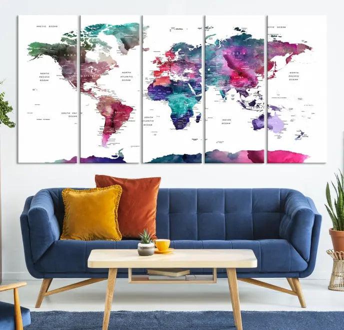 A stunning five-panel Wall Art World Travel Map Canvas Print graces the wall. Designed on museum-quality canvas, it boasts a gallery-wrapped finish and a UV-protective coating to preserve its vivid beauty over time.