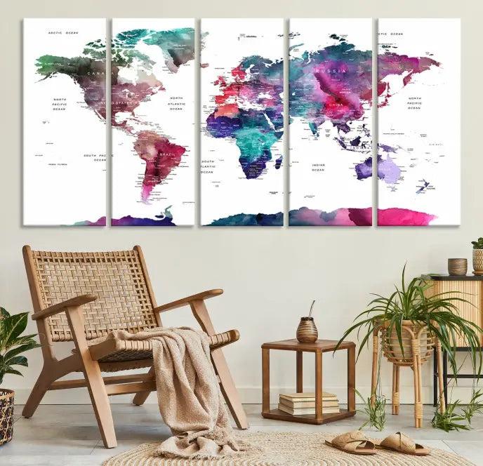 A stunning five-panel Wall Art World Travel Map Canvas Print graces the wall. Designed on museum-quality canvas, it boasts a gallery-wrapped finish and a UV-protective coating to preserve its vivid beauty over time.