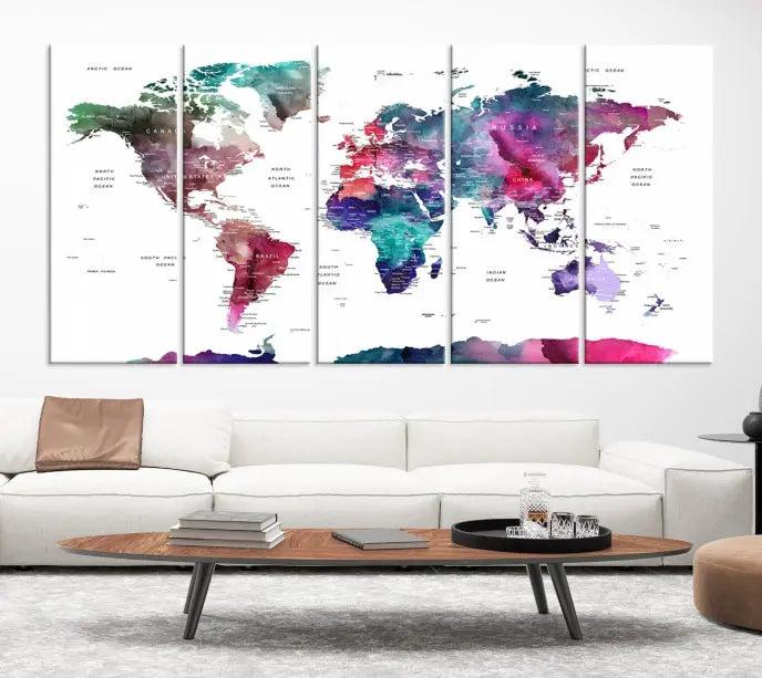 A stunning five-panel Wall Art World Travel Map Canvas Print graces the wall. Designed on museum-quality canvas, it boasts a gallery-wrapped finish and a UV-protective coating to preserve its vivid beauty over time.